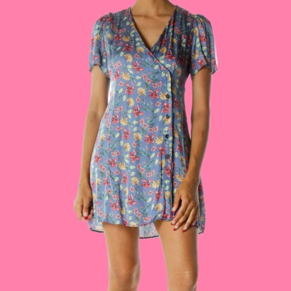 Zara blue satin floral mini faux wrap button up mini dress sz. S black label